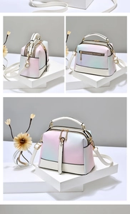 Detailed three-angle views of a gradient pastel crossbody bag with gold hardware accents