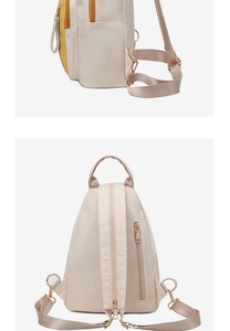 Detailed back and side view of beige and yellow nylon backpack with golden hardware