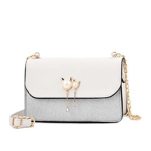 Women Fashion PU Leather Shoulder Bag Pearl Cat Ear Tassel Decor Glitter Stitching Chain Crossbody Bag Daily Satchel