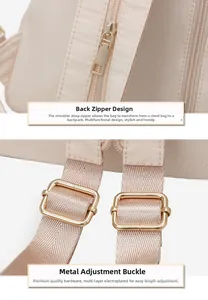 Detail of beige nylon backpack showing the convertible zipper strap and golden hardware