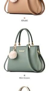 Three elegant leather handbags in khaki, mint green and beige with pearl bag charms