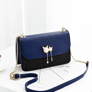 Fashionable navy blue and black sequin crossbody bag with golden cat pearl buckle
