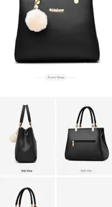 Three-view display showing front, side and back details of a black PU leather handbag