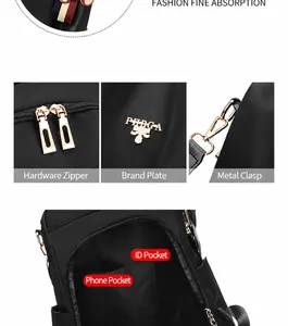 Detalle de mochila Oxford con herrajes dorados, bolsillos internos y diseño antirrobo