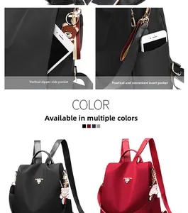 Detalle de mochila de nailon impermeable con bolsillos laterales y opciones de cremalleras