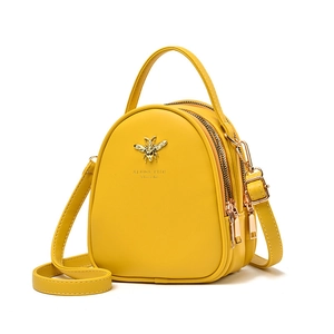 Mini bolso bandolera de cuero PU amarillo con abeja dorada y triple cremallera
