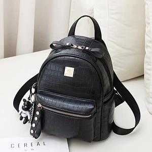 Women Crocodile Pattern PU Leather Backpack Fashion Korean Versatile Travel School Bag With Bear Charm Large Capacity