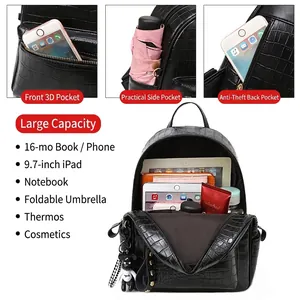 Fashionable black crocodile pattern faux leather backpack with large storage capacity