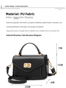 Detailansicht der schwarzen PU-Handtasche mit 20cm x 14cm Maßen und Metalldrehverschluss