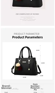 Detailed dimensions and material specs of a black leather handbag with plush charm