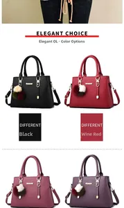 Litchi pattern leather handbags in four colors with plush ball charms and logos