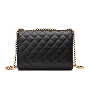Classic black quilted leather chain bag with elegant gold shoulder strap and diamond pattern