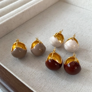 Vintage Copper Real Gold Plated Enamel Round Ball Stud Earrings For Women Korean Elegant Geometric Bean Hoop Earrings Jewelry