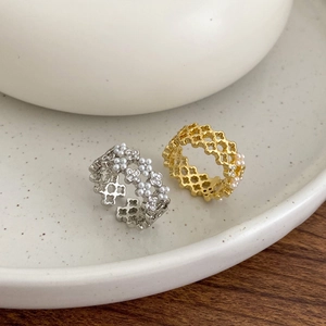 Hollow Flower Ring Gold Plated Copper Cubic Zirconia Imitation Artificial Pearl Adjustable Open Band Korean Style Elegant Jewelry For Women