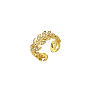 Elegant gold leaf open ring with sparkling white zircon stones in minimalist style