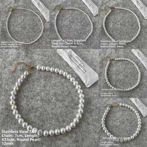 Size comparison chart showing shell pearl necklaces from 4mm to 12mm on gray background
