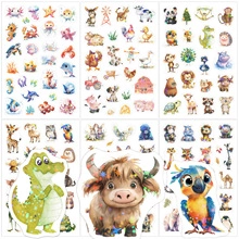 Detailed view of watercolor ocean and animal stickers with glitter finish and waterproof texture