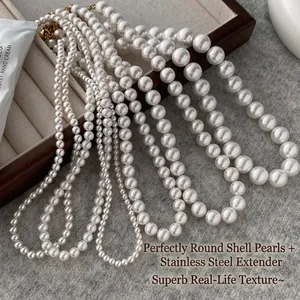Round Shell Artificial Pearl Necklace Elegant White Bead Choker With Stainless Steel Chain Versatile Layering Jewelry For Women