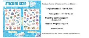 Detail view of 8 watercolor marine life sticker sheets with specific size dimensions