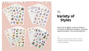 Detail of 8-sheet glitter stickers set featuring diverse cartoon animal patterns