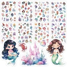 Détail des autocollants d'aquarelle de sirène et château sous-marin aux tons pastel vifs