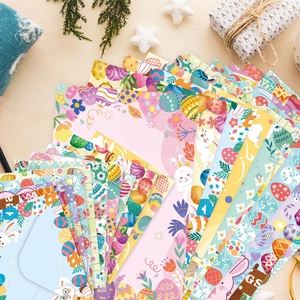 Close-up of Easter rabbit envelopes in pastel colors with floral and egg patterns