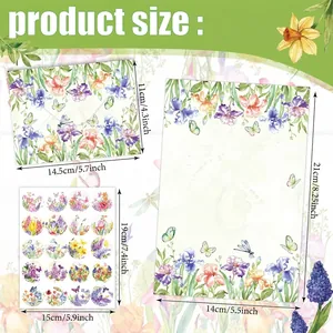 Watercolour floral stationery set with envelopes and stickers in detailed size chart view