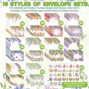 Floral watercolor stationery set with 10 designs, envelopes, paper, and colorful stickers