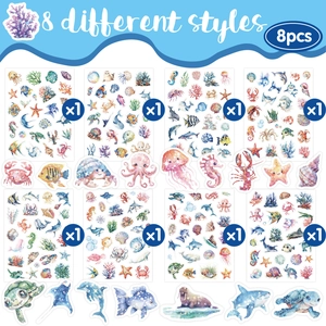Blue laser cartoon marine animal stickers set featuring watercolor ocean creatures