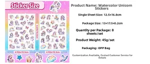 Vue détaillée des dimensions et spécifications d'emballage du lot de stickers licorne