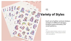 Lot de 8 planches de stickers licorne pailletés comprenant 209 motifs variés