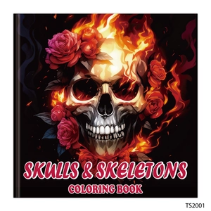 Gothic skulls and skeletons coloring book cover with red roses and vibrant flames