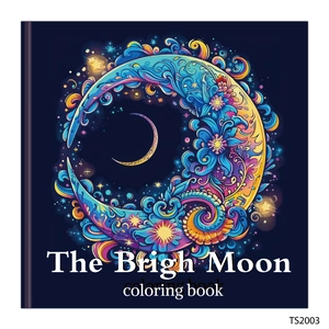 Detailed cover of The Brigh Moon coloring book featuring floral moon art on blue background