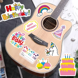 27pcs Happy Birthday waterproof stickers featuring rainbow and cake designs on a guitar
