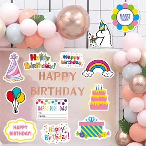 Set of 27 colorful Happy Birthday stickers with cake, rainbow and balloon designs