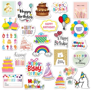 Set of 27 colorful waterproof happy birthday stickers with cakes, balloons and animals