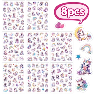 Lot de 8 planches d'autocollants licorne arc-en-ciel imperméables avec effet laser DIY