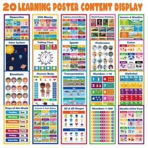 Set of 20 educational posters for kids with various learning topics in a grid layout