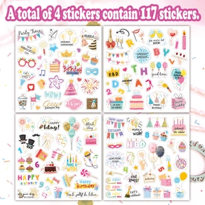 Lot de 4 planches de 117 stickers d'anniversaire avec gâteaux et ballons colorés