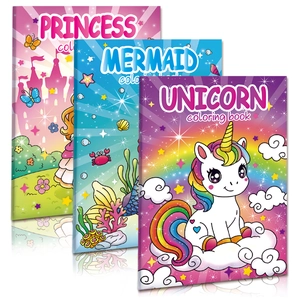 Three children's coloring books featuring mermaid, unicorn, and princess themes