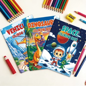 Three-pack kids coloring books featuring dinosaur, space, and vehicle themes with crayons
