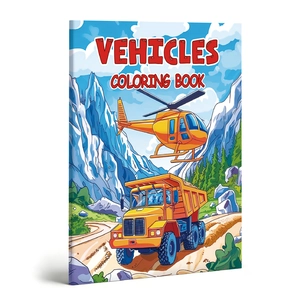 3D view of vehicles coloring book cover featuring a yellow helicopter and truck