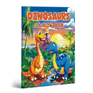 Front cover of a 48-page dinosaur coloring book for kids with cartoon dinosaurs