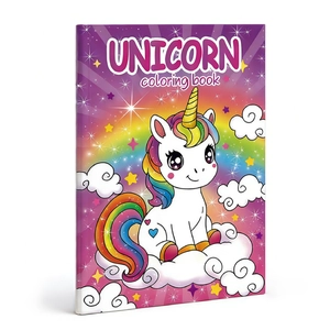Detail of unicorn coloring book cover with vibrant rainbow and glitter patterns