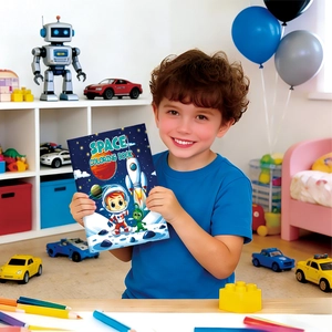 Space-themed children coloring book held by a boy in a bright and cozy playroom setting