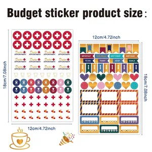 Tableau des tailles pour 2 planches d'autocollants de budget avec icônes quotidiennes