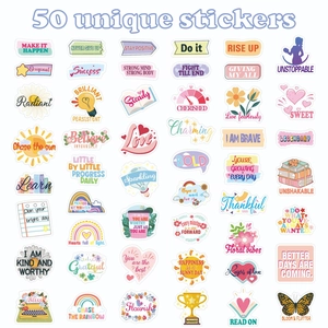 Detailansicht von 50 einzigartigen Motivationsaufklebern mit floralen und handgezeichneten Icons