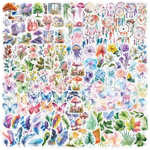 Watercolor Scrapbook Stickers Transparent Washi Paper DIY Journal Decorative Decals Butterfly Flower Mushroom Nature Style