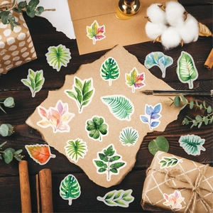Vintage watercolor botanical scrapbook stickers with colorful autumn leaves and ferns