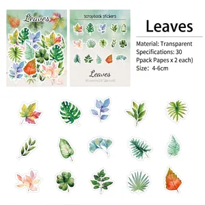 Macro view of 30pcs watercolor botanical washi stickers showing diverse leaf patterns